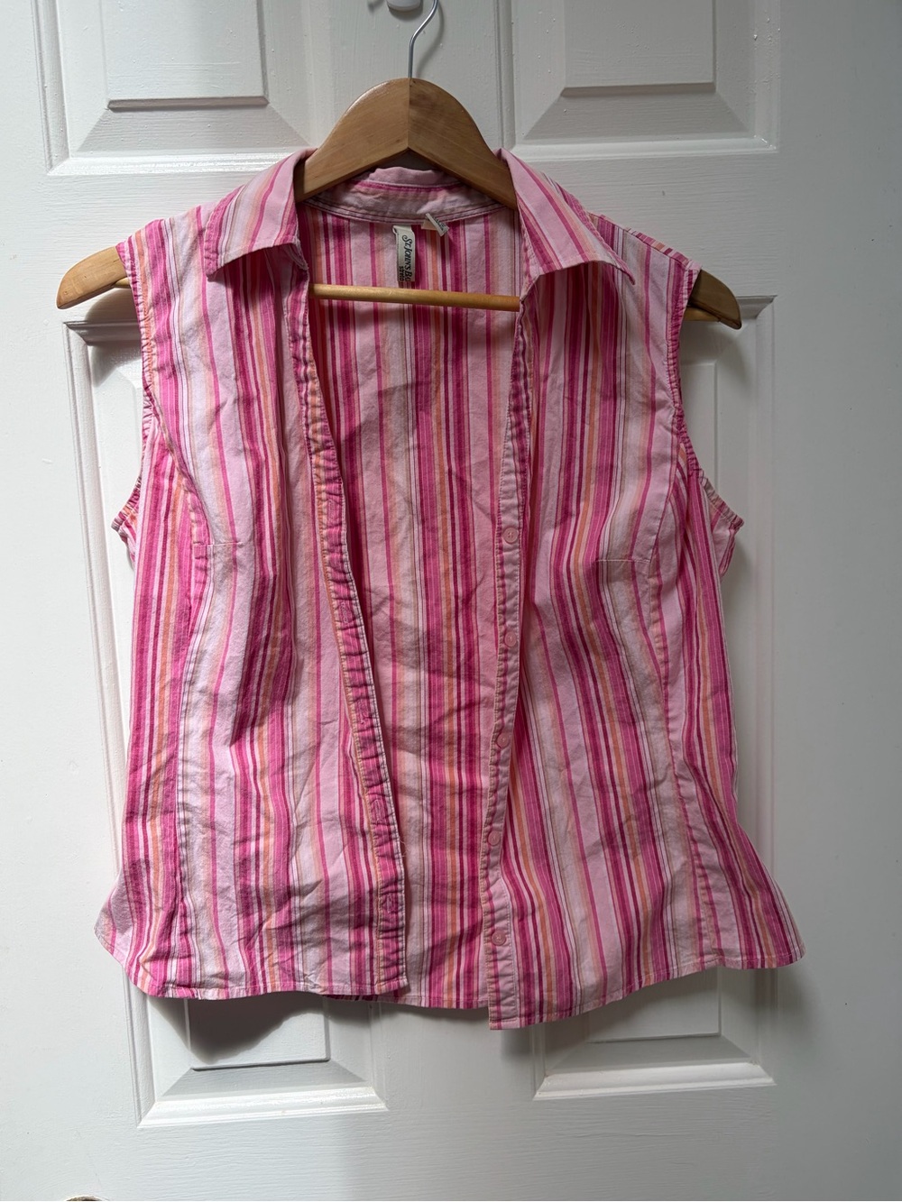 St. John's Bay Pink & White Striped Sleeveless Button-Front Top